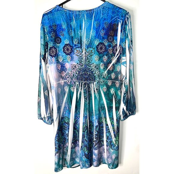 Style & Co Womens XL Tunic Top Blue Green Rhinestone Embellished 3/4 Sleeve - Picture 2 of 6